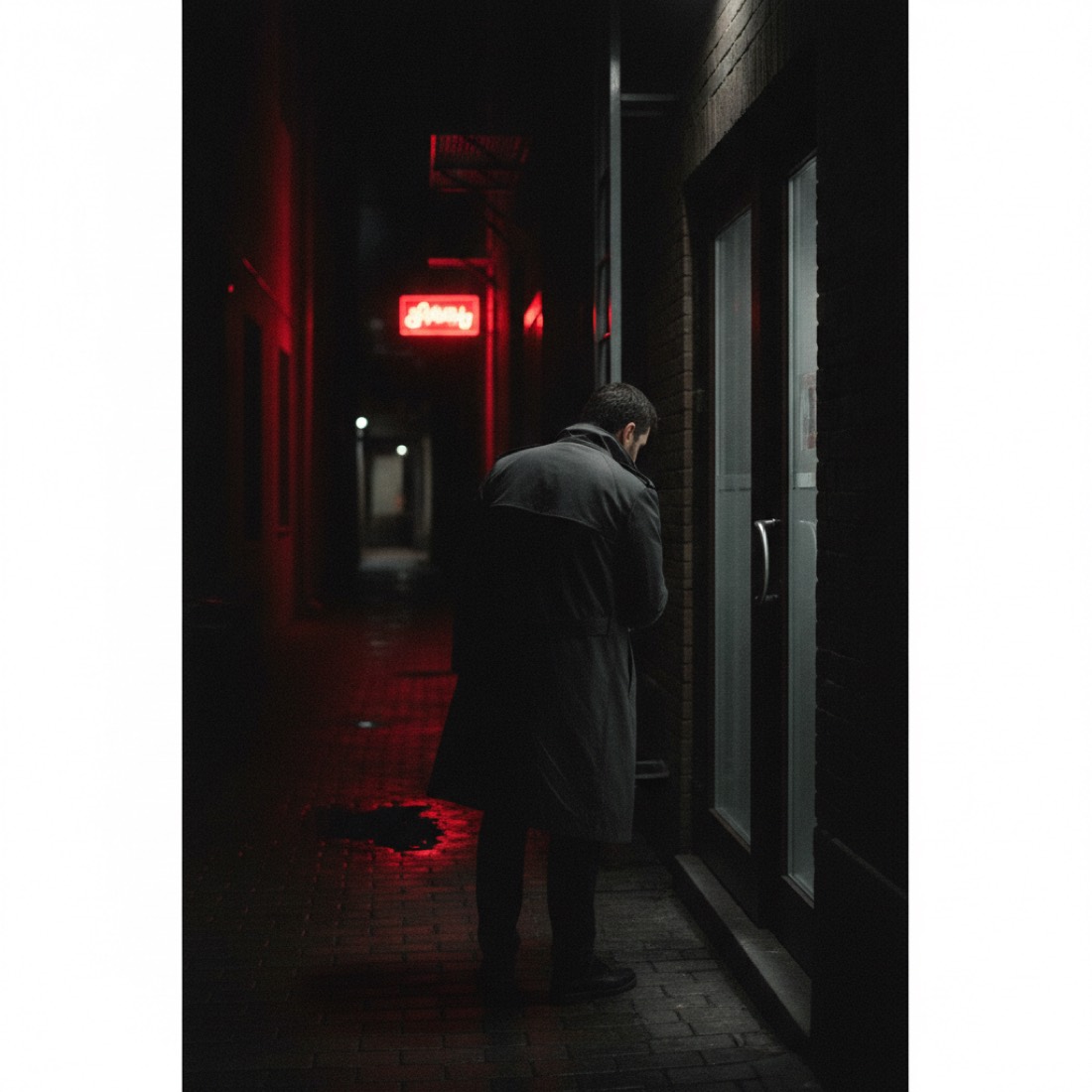 Advance officer checking a restaurant's rear exit at night