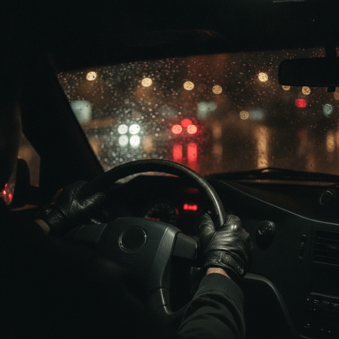 Security driver's gloved hands on the wheel at night