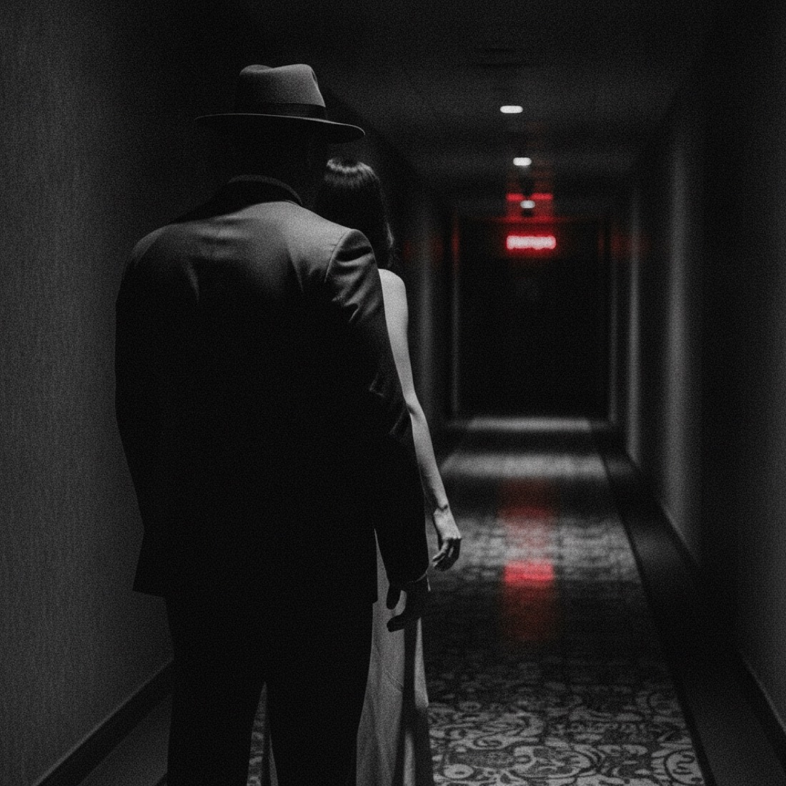 Close-protection officer in silhouette in a dark hotel corridor